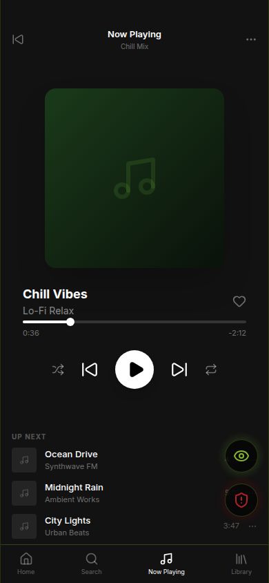 Music player cover mode — Spotify-style interface with track controls