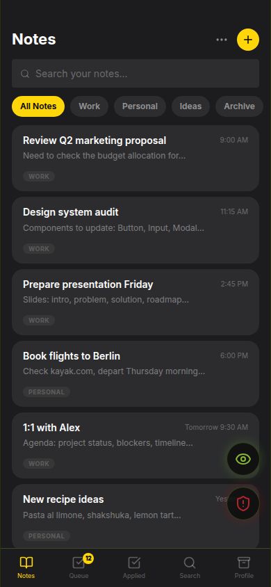 Notes cover mode — categorised notes, fully editable