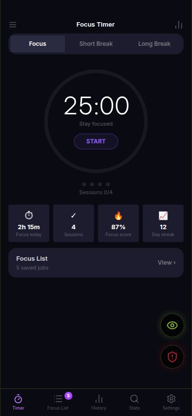 Focus timer cover mode — Pomodoro timer with a saved jobs list built in